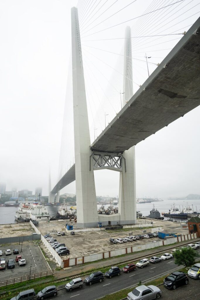 Photo of an Foundation and Towers of a Suspension Bridge